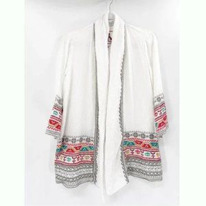 Johnny Was LA White Linen Multicolor Embroidered Open Front Kimono Jacket Small